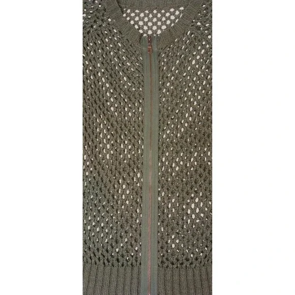 Chic Open Knit Zip Front‎ Cardigan Olive Green Womens Lightweight Layering - Picture 2 of 6